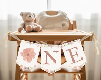 Wild One Birthday High Chair Banner Template, Boho Printable 1st Birthday Girl Banner, Wildflower Pink Baby 1st Birthday Decor SG76