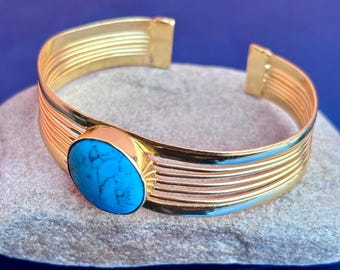 Turquoise Stone Cuff Bracelet, Gold Plated Adjustable Bangle, Handmade Boho Jewelry for Women