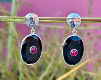 Black Onyx & Ruby Sterling Silver Drop Earrings - Handmade