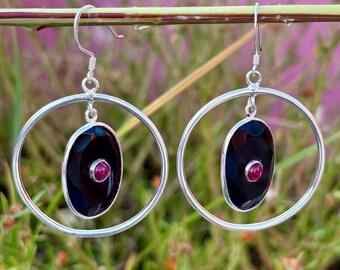Handmade Black Onyx & Ruby Earrings | Sterling Silver Hoop Dangle Jewelry