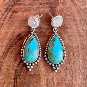 Turquoise and Rose Quartz Silver Drop Earrings , Boho Chic Jewelry ,Gemstone earring