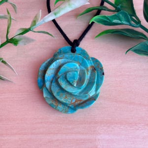 Hand-Carved Turquoise Rose Pendant Necklace: Boho Gemstone Jewelry
