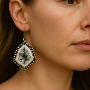 Könnte beinhalten: Silberner Ohrring mit einem weißen und schwarzen dendritischen Achatstein. Der Stein ist in einen Silberrahmen mit einer Perlenkante gefasst. Der Ohrring hängt an einem Silberhaken. Ein einzigartiger Schmuck.