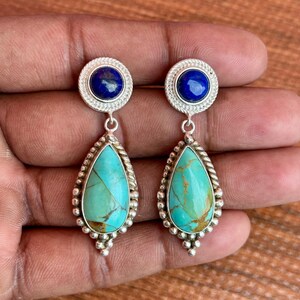 Turquoise and Lapis Lazuli Sterling Silver Earrings: Boho Gemstone Dangle