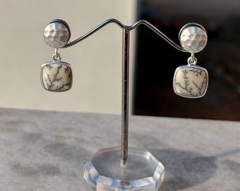Dendritic Opal Dangle Earrings: Hammered Sterling Silver, Nature-Inspired