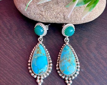 Turquoise Teardrop Dangle Earrings with Green Gemstone Studs , Southwestern Boho Sterling Silver Statement Jewelry