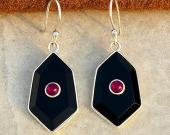 Black Onyx and Ruby Sterling Silver Dangle Earrings: Gothic Art Deco