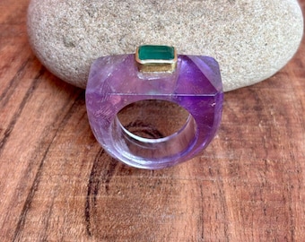 Chunky Amethyst Ring: Handmade Statement Jewelry with Green Gemstone