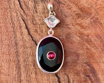 Black Onyx Ruby Sterling Silver Pendant Necklace with Moissanite Accent