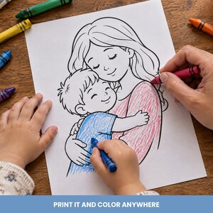 May include: A coloring page featuring a line art illustration of a person hugging a child. The child's shirt is partially colored in blue, and the adult's shirt is partially colored in pink. The text "PRINT IT AND COLOR ANYWHERE" is at the bottom.