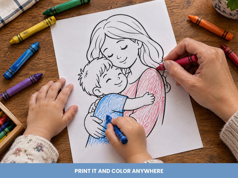 May include: A coloring page featuring a line art illustration of a person hugging a child. The child's shirt is partially colored in blue, and the adult's shirt is partially colored in pink. The text "PRINT IT AND COLOR ANYWHERE" is at the bottom.