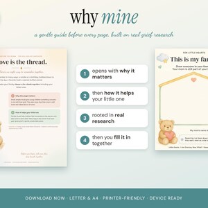 May include: A digital grief guide titled why mine featuring two printable pages with soft pastel colors, teddy bear illustrations, and text prompts for families to fill in together, including a house-shaped frame for family drawings.