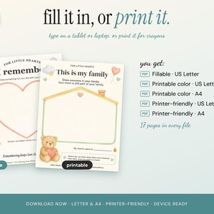 May include: Two digital activity sheets for children featuring pastel illustrations of balloons, clouds, and a teddy bear. One sheet has a large heart outline, the other a house shape. Text includes "fill it in, or print it," "I remember," and "This is my family."