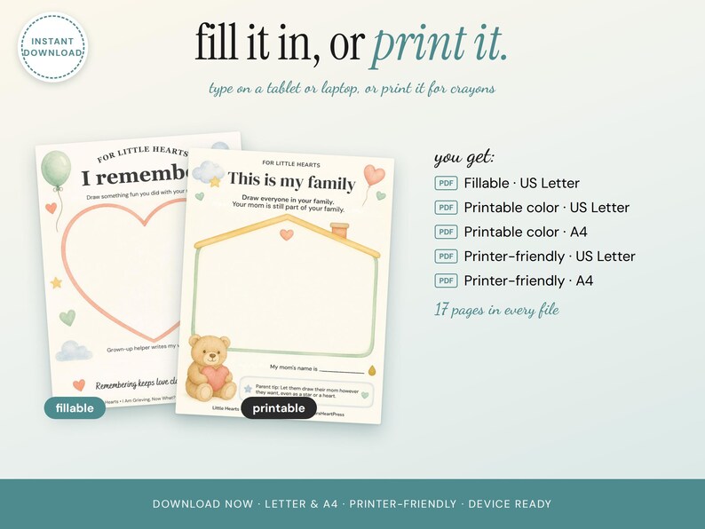 May include: Two digital activity sheets for children featuring pastel illustrations of balloons, clouds, and a teddy bear. One sheet has a large heart outline, the other a house shape. Text includes "fill it in, or print it," "I remember," and "This is my family."