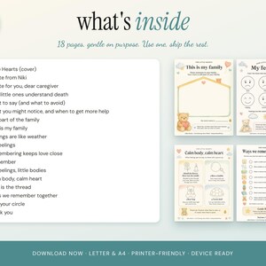 May include: An 18-page digital activity book titled Little Hearts, featuring a numbered list of contents and four sample pages with illustrations of teddy bears, clouds, and balloons, designed for children to process grief and emotions.