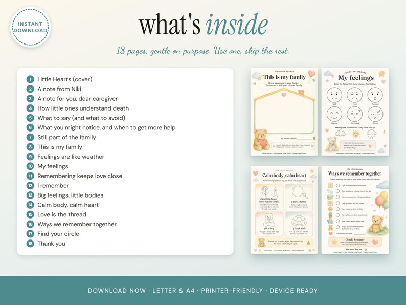 May include: An 18-page digital activity book titled Little Hearts, featuring a numbered list of contents and four sample pages with illustrations of teddy bears, clouds, and balloons, designed for children to process grief and emotions.