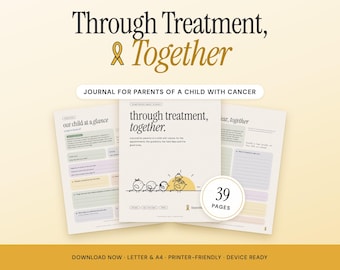 May include: A journal for parents of a child with cancer titled Through Treatment, Together. The cover features a line drawing of four birds and a sun. The set includes 39 pages with sections for notes, appointments, and reflections in soft pastel colors.