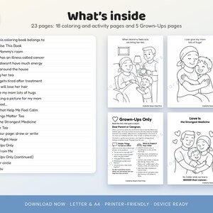 May include: A digital coloring book titled What's inside with 23 pages including 18 coloring and activity pages and 5 grown-ups pages. The list of contents includes topics about a parent with cancer, family support, and emotional expression.