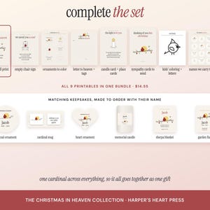 May include: A collection of printable memorial items and matching keepsakes featuring a cardinal bird illustration. The set includes wall prints, signs, tags, cards, coloring pages, ornaments, a mug, a candle, a blanket, and a garden flag.