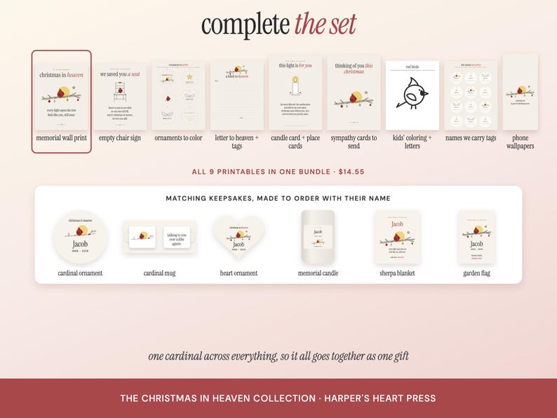May include: A collection of printable memorial items and matching keepsakes featuring a cardinal bird illustration. The set includes wall prints, signs, tags, cards, coloring pages, ornaments, a mug, a candle, a blanket, and a garden flag.
