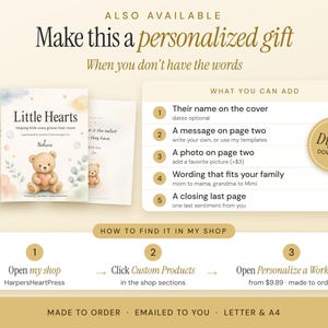 May include: A digital download guide titled Little Hearts Helping little ones grieve their mom featuring a teddy bear illustration. The image includes text detailing personalization options like adding names, photos, and custom messages, plus instructions on how to order.
