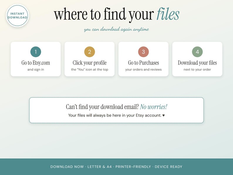 May include: An instructional graphic titled where to find your files with four numbered steps for downloading digital content from Etsy. It includes a section for troubleshooting missing emails and notes that files are printer-friendly and device ready.