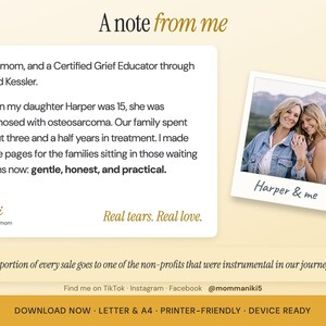 May include: A digital information card titled A note from me, featuring text about a mother and daughter named Harper, a photo in a polaroid frame labeled Harper & me, and footer text including DOWNLOAD NOW, LETTER & A4, PRINTER-FRIENDLY, DEVICE READY.