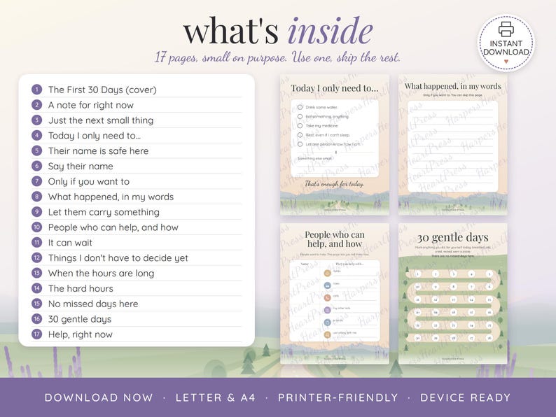May include: A digital planner set titled what's inside with 17 pages. The list includes The First 30 Days, A note for right now, Just the next small thing, Today I only need to, Their name is safe here, Say their name, and 30 gentle days.