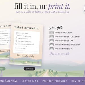 May include: A digital daily checklist titled Today I only need to... featuring checkboxes for tasks like drink water and take medicine. The document includes a landscape illustration at the bottom and text options for US Letter size.
