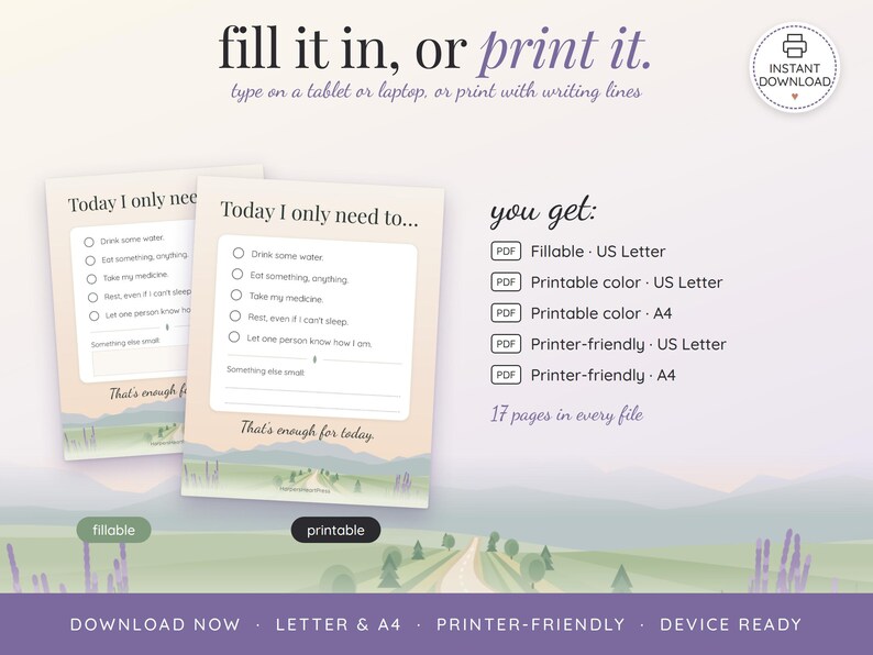 May include: A digital daily checklist titled Today I only need to... featuring checkboxes for tasks like drink water and take medicine. The document includes a landscape illustration at the bottom and text options for US Letter size.