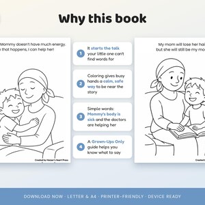 May include: A digital coloring book titled Why this book featuring black and white line art illustrations of a child and a parent. The pages include text about illness and support, with a four-step guide for parents and a printer-friendly format.