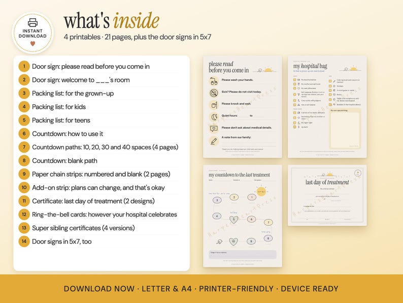 May include: A digital download set featuring 21 printable pages and 5x7 door signs. Includes a list of items like a door sign, packing lists for adults, kids, and teens, countdown paths, paper chain strips, certificates, and ring-the-bell cards.