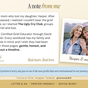 May include: A digital information card titled A note from me featuring text about The Ugly Cry Club and grief support. It includes a polaroid-style photo of two people labeled Harper & me, with the footer text Letter & A4, Printer-friendly, Device ready.