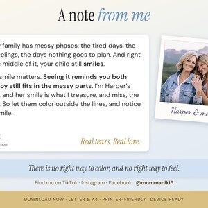 May include: A digital print titled A note from me featuring a photograph of two people labeled Harper & me. The text includes a message about family life, the phrase Real tears. Real love., and social media handles for mommaniki5.