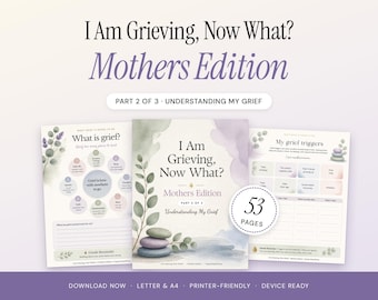 May include: A digital workbook titled I Am Grieving, Now What? Mothers Edition, Part 2 of 3, Understanding My Grief. The set includes three pages with watercolor illustrations of eucalyptus leaves and stacked stones, featuring 53 pages total.