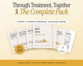May include: A collection of seven books and four hospital printables for childhood cancer, titled Through Treatment, Together & The Complete Pack. The covers are cream-colored with black text and small bird illustrations, featuring titles like start here.