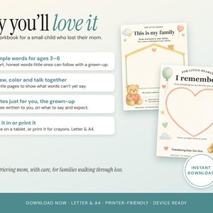 May include: A digital workbook for children featuring two activity pages with teddy bear illustrations, heart shapes, and text including 'This is my family' and 'I remember'. The layout includes four numbered points and an instant download badge.