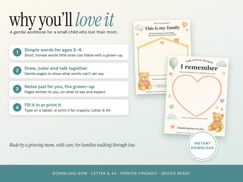May include: A digital workbook for children featuring two activity pages with teddy bear illustrations, heart shapes, and text including 'This is my family' and 'I remember'. The layout includes four numbered points and an instant download badge.