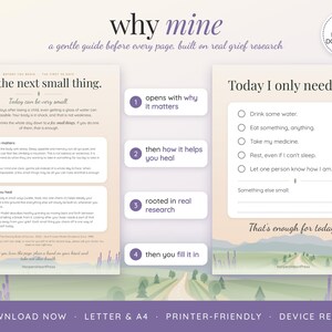 May include: A digital grief guide titled why mine with two pages featuring text, checklists, and a landscape illustration. The pages include sections on healing, research, and daily tasks like drinking water, eating, and resting, with a soft gradient background.