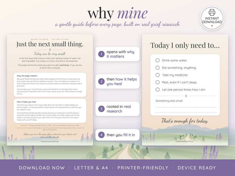 May include: A digital grief guide titled why mine with two pages featuring text, checklists, and a landscape illustration. The pages include sections on healing, research, and daily tasks like drinking water, eating, and resting, with a soft gradient background.