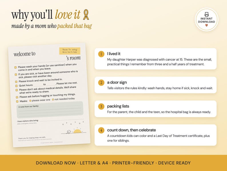 May include: A printable digital document featuring a welcome sign for a hospital room with checkboxes for visitor rules, including hand washing, knocking, and quiet hours, plus sections for notes and visitor requests, with a gold ribbon icon.