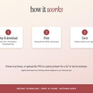 May include: An instructional graphic titled how it works with three steps: 1 Buy & download, 2 Print, and 3 Use it. Below, text reads: Frame it at home, or upload the PNG to a photo printer for a 5x7 or 4x6 in minutes. Digital download only.