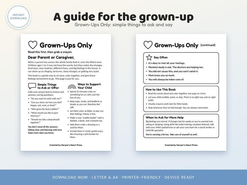 May include: A two-page informational guide titled A guide for the grown-up, featuring black text on white paper. The content includes sections for parents or caregivers, simple things to ask or offer, ways to support a child, and advice on how to use the book.