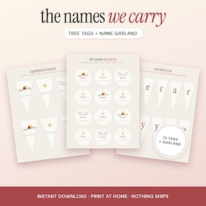 May include: A printable set of tree tags and a name garland featuring the text "the names we carry" and "we carry you". The sheets include circular tags with illustrations of stars, wings, and birds, alongside triangular pennants for a garland.