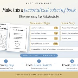 May include: A digital graphic displaying options for a personalized coloring book titled Mommy's Brave Days. It features two sample pages, a list of customization choices for pages and stories, and a three-step guide on how to find the item in the shop.