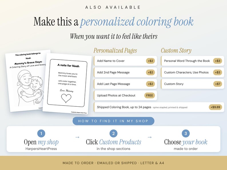 May include: A digital graphic displaying options for a personalized coloring book titled Mommy's Brave Days. It features two sample pages, a list of customization choices for pages and stories, and a three-step guide on how to find the item in the shop.