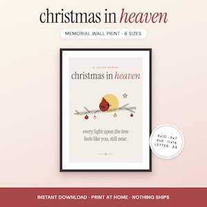 May include: A framed memorial wall print with a cream background featuring a red cardinal perched on a pine branch with ornaments, a yellow sun, and a star. The text reads: In loving memory, christmas in heaven, every light upon the tree feels like you, still near.