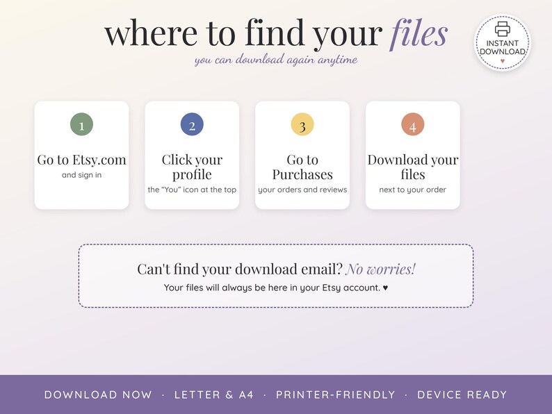 May include: An instructional graphic titled where to find your files with an instant download icon. It outlines four steps: go to Etsy.com, click your profile, go to purchases, and download your files. It includes a note about download emails.