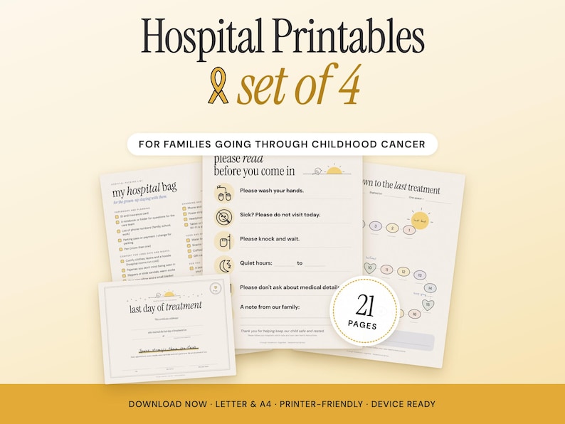 May include: A set of 4 hospital printables for families going through childhood cancer, featuring 21 pages total. The documents include checklists for a hospital bag, visitor guidelines, and a countdown to the last treatment.