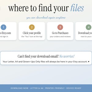 May include: An instructional graphic titled where to find your files with four numbered steps: go to Etsy.com, click your profile, go to purchases, and download your files. Includes a note about download emails and file formats.